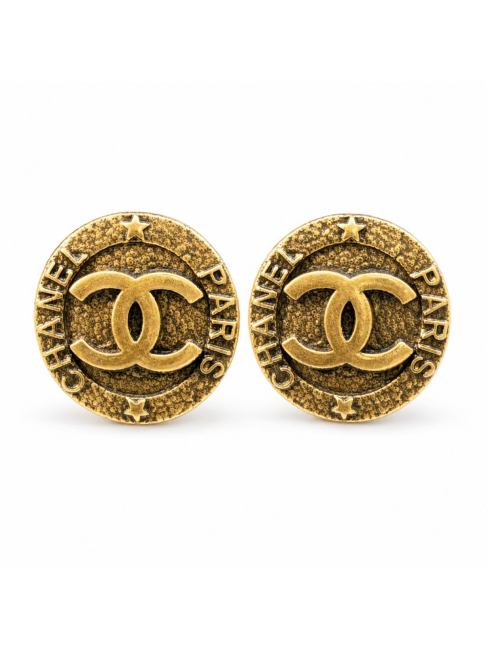Chanel Paris CC Logo Gold Tone Round Stud Earrings Vintage Designer Jewelry